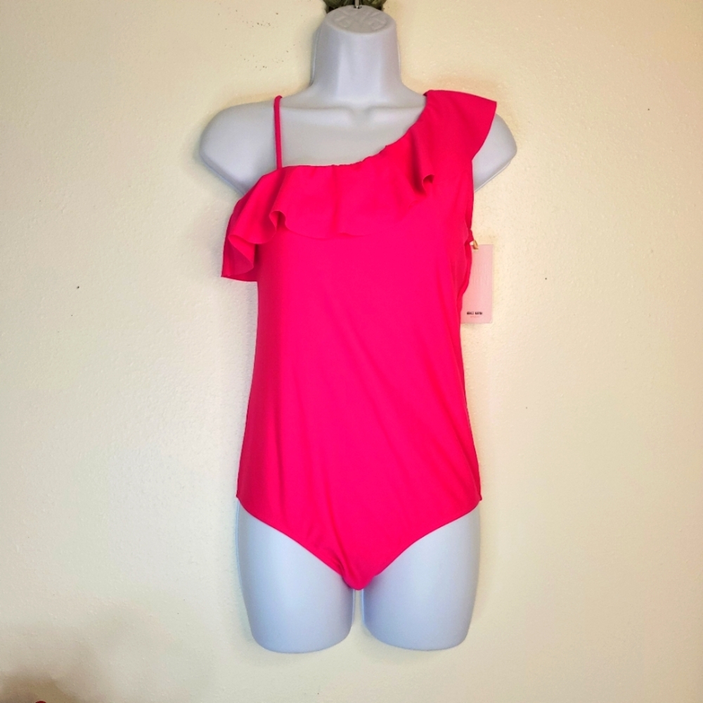 🤑 4for$20 Closet Blowout!  Grace Karen One-Shoulder Pink Swimsuit with skirt.